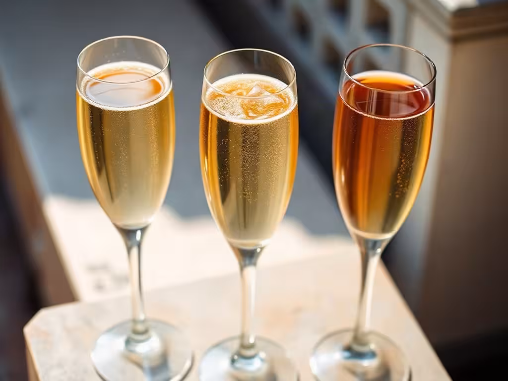 Trois flûtes de champagne aux teintes variées, montrant la diversité des styles à servir.