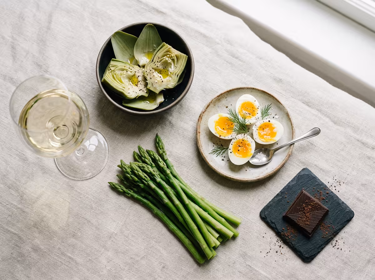 Arrangement d'ingrédients difficiles à accorder : artichauts, asperges, œufs, chocolat, et verre de vin