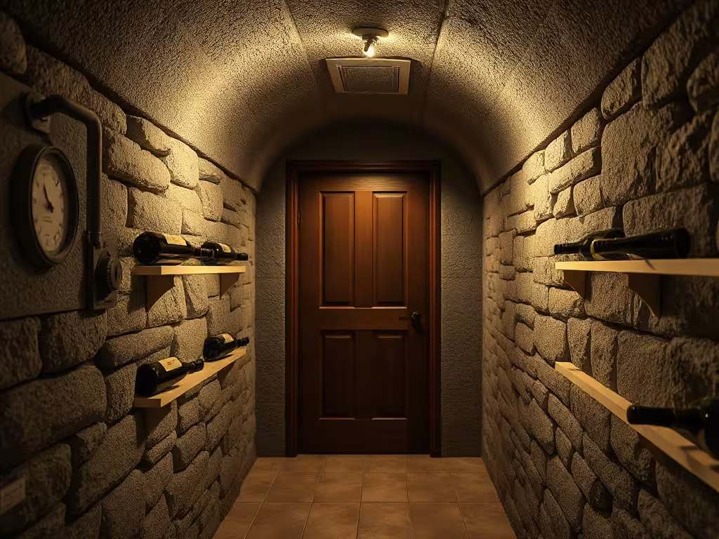 Aménagement de cave à vin fraîche et sombre, avec contrôle de température et humidité.