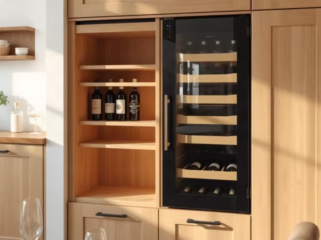 Aménagement de cave à vin en cuisine avec armoire de conservation encastrée.