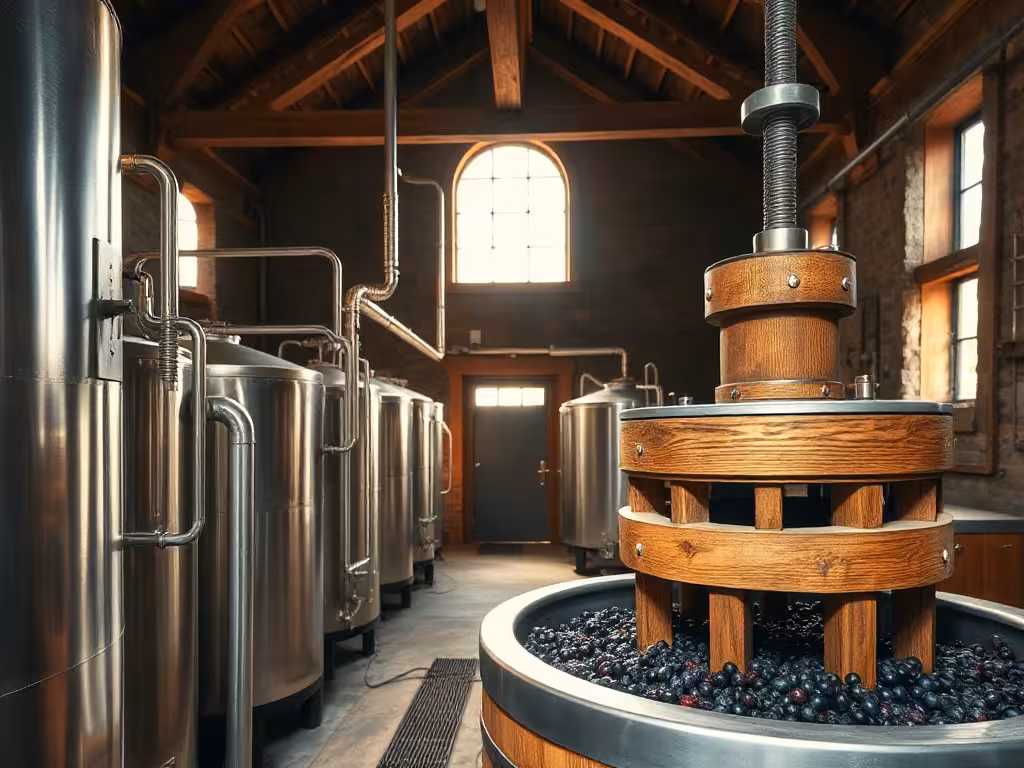 Intérieur d'une cave de vinification montrant les cuves et le pressurage des raisins pour le rosé.