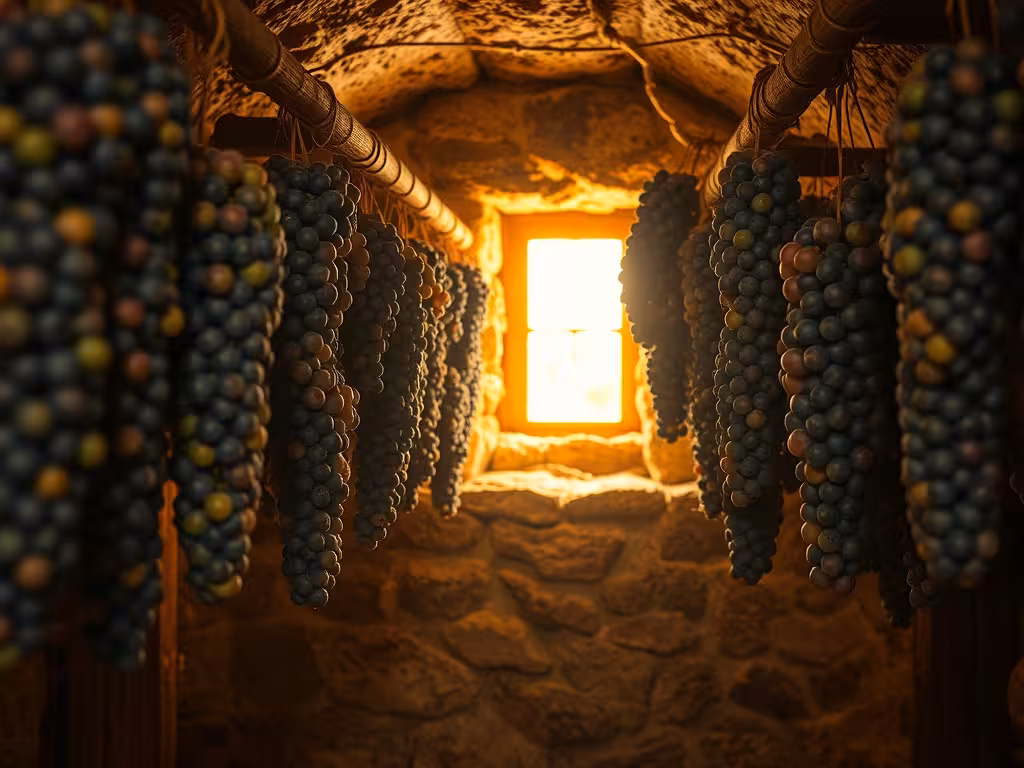 Grappes séchant en appassimento sur racks en bois, cave traditionnelle, technique de l'Amarone