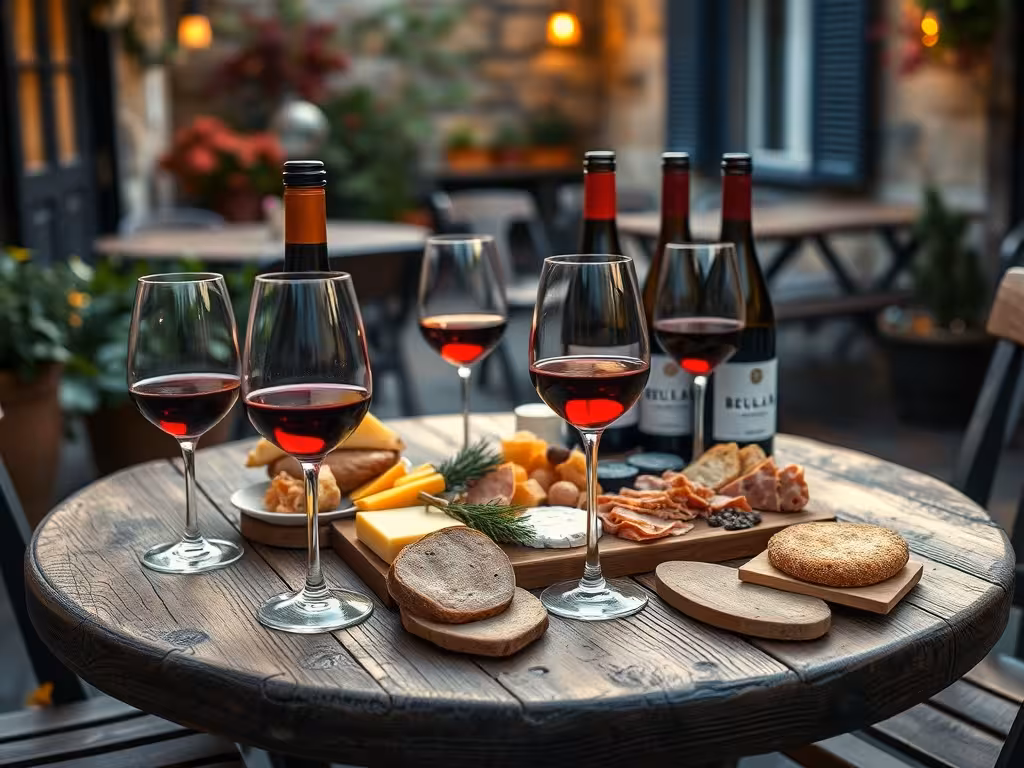 Verre de beaujolais nouveau servi à l'apéritif avec charcuterie et fromage