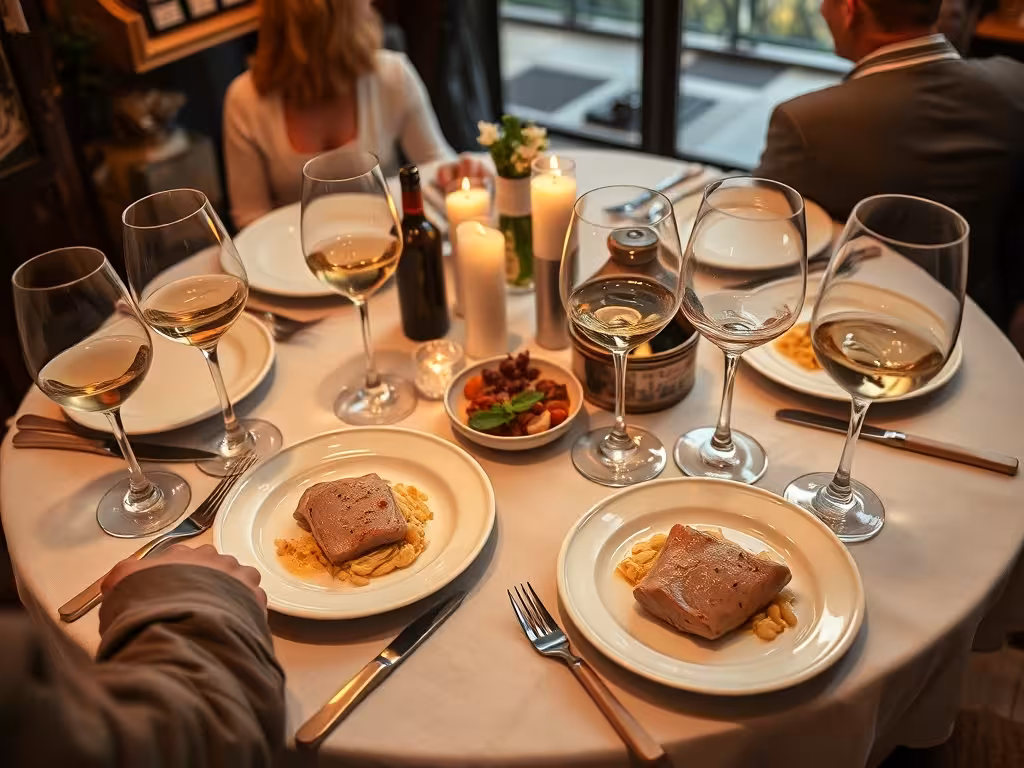 Table de repas française avec blanquette et accord de vins blancs, moment de dégustation convivial