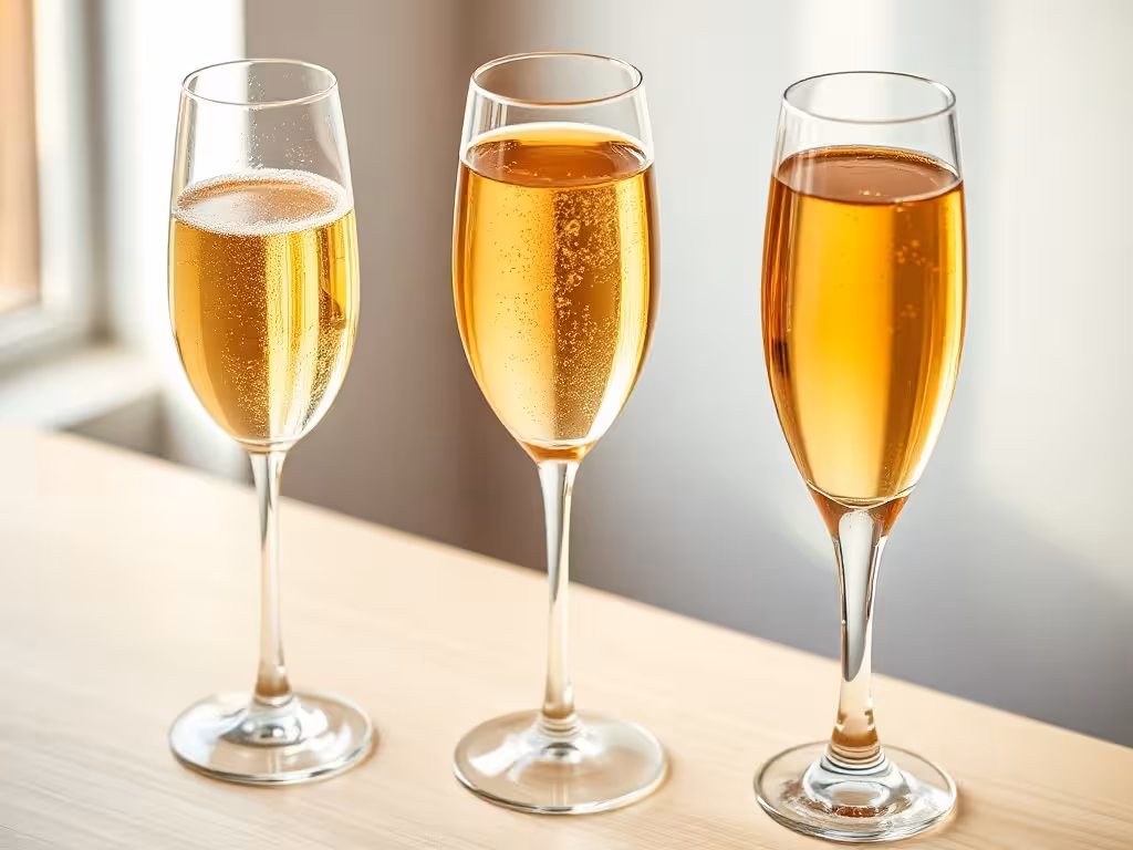 Trois types de verres de champagne remplis (flûte, coupe, tulipe) montrant comment le verre modifie le service