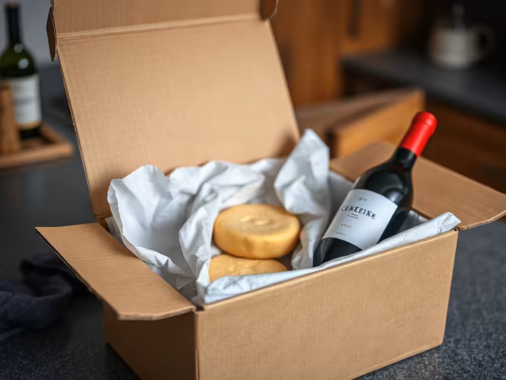 Emballage isotherme d’une box fromage et vin pour préserver la fraîcheur des produits.