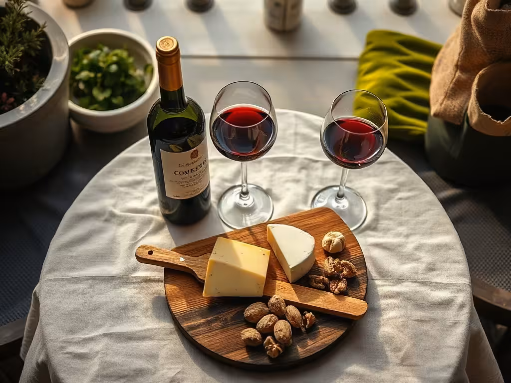 Box fromage et vin servie à l’apéritif avec plusieurs fromages et un rouge léger.