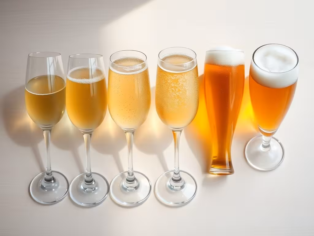 Comparaison de quatre verres : champagne, crémant, prosecco et bière, révélant les différences de calories.
