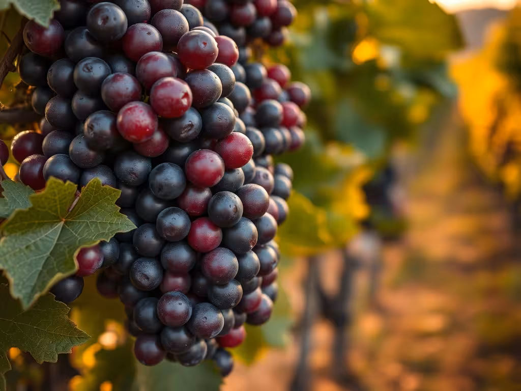 Raisins rouges mûrs sur la vigne du Languedoc, détail du fruit qui crée les rouges puissants de la région.