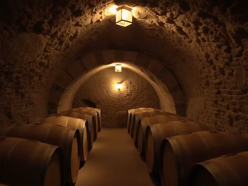 Tonneaux de chêne en cave de Barolo traditionnel, élevage en tonneau, ambiance souterraine piémontaise