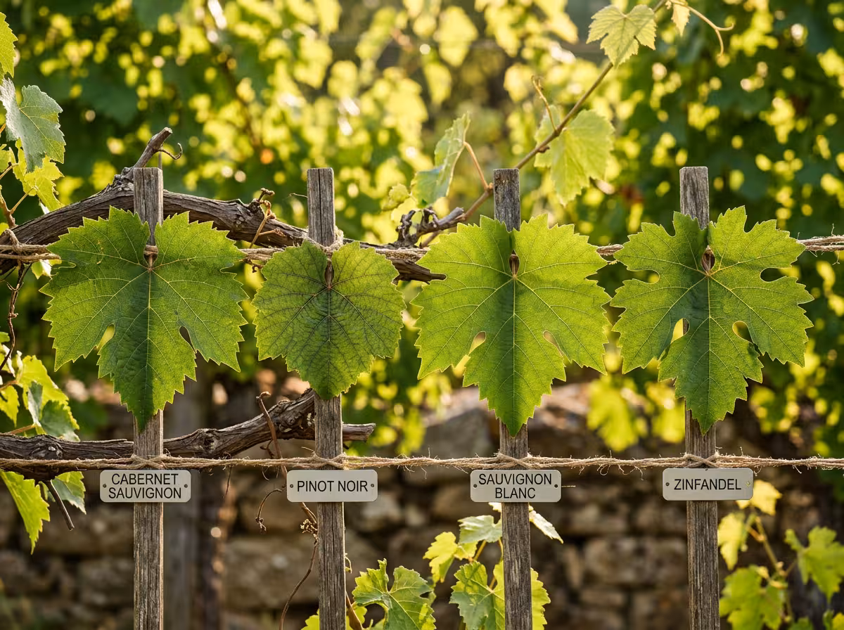 Détail de feuilles de vignes de cépages variés, montrant les différences de forme et nervures pour identifier les variétés sans étiquette
