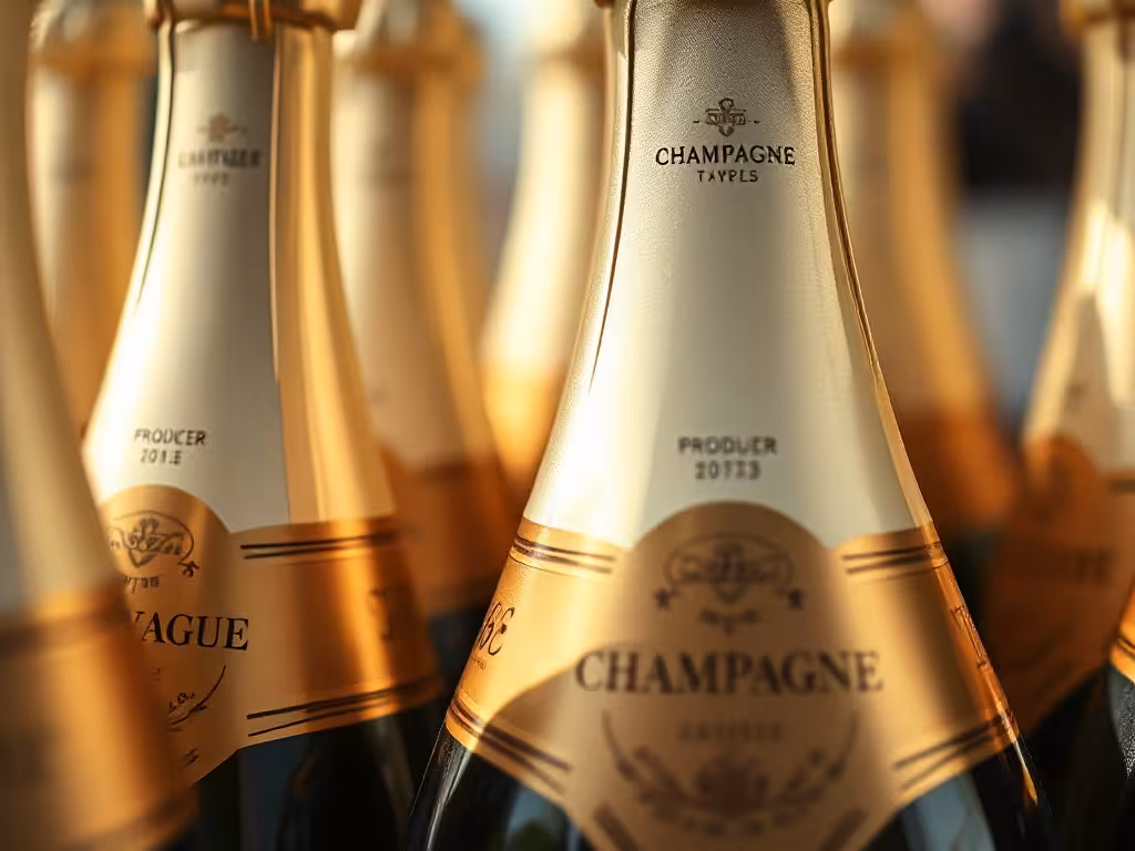 Étiquettes de bouteilles champagne détaillées, révélant les codes qui distinguent les petits producteurs — clé pour comprendre les prix