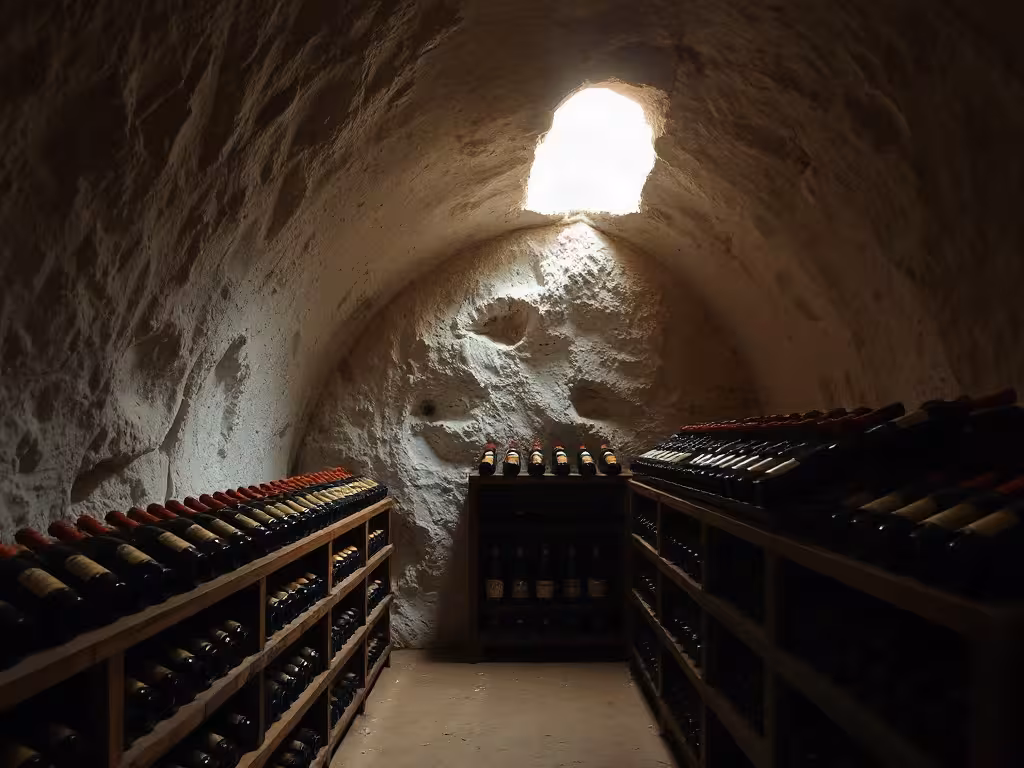 Intérieur d'une crayère historique de Champagne, caves souterraines du patrimoine UNESCO