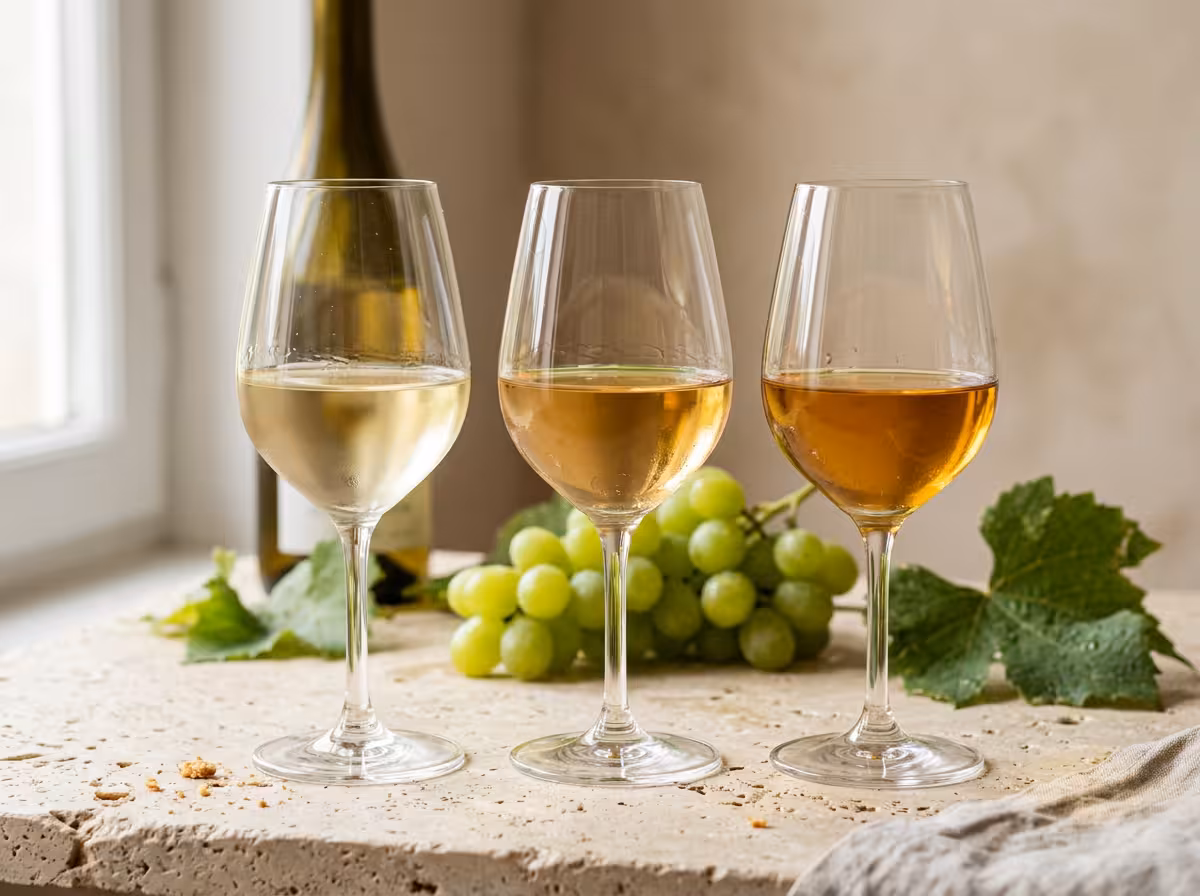 Trois verres de chenin montrant progression des couleurs du sec au moelleux.