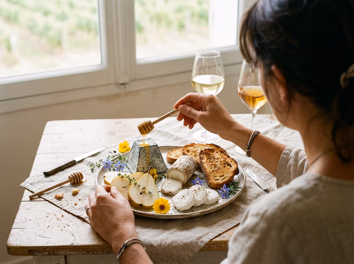 Plateau d'accords fromages et fruits de Loire avec deux verres de chenin sec et moelleux.