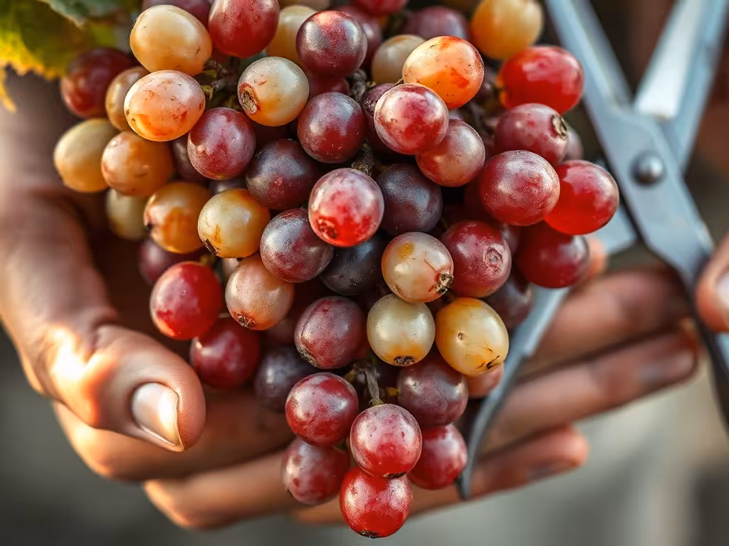 Grappes de raisins blancs et rouges mûrs, détail de la récolte en Alsace, ambiance de vendanges.