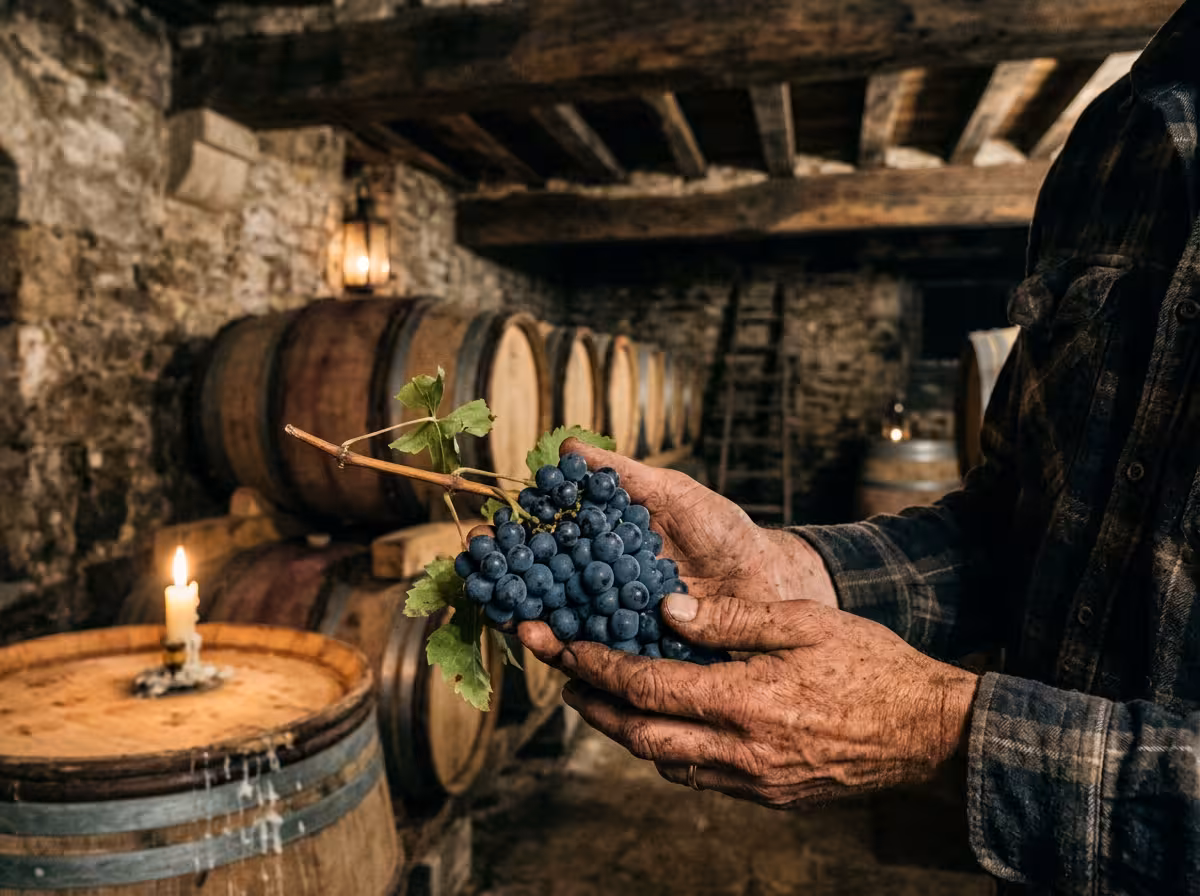 Mains d'un vigneron bourguignon tenant une grappe de Pinot Noir mûr en cave historique, tonneaux et poutres anciennes en arrière-plan.