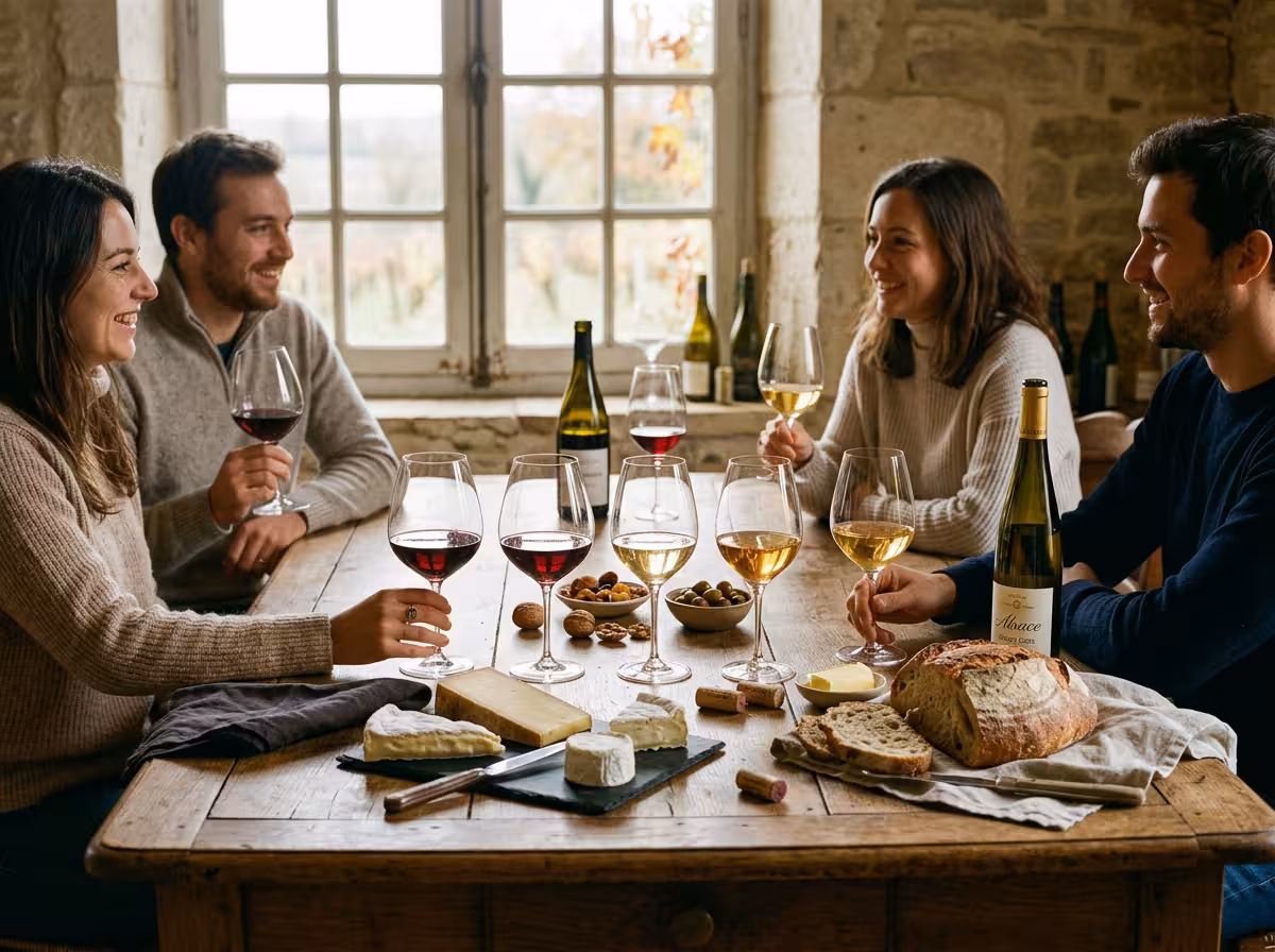Table conviviale de dégustation avec verres de Pinots de différentes couleurs, fromages régionaux et pain sur une surface en bois.