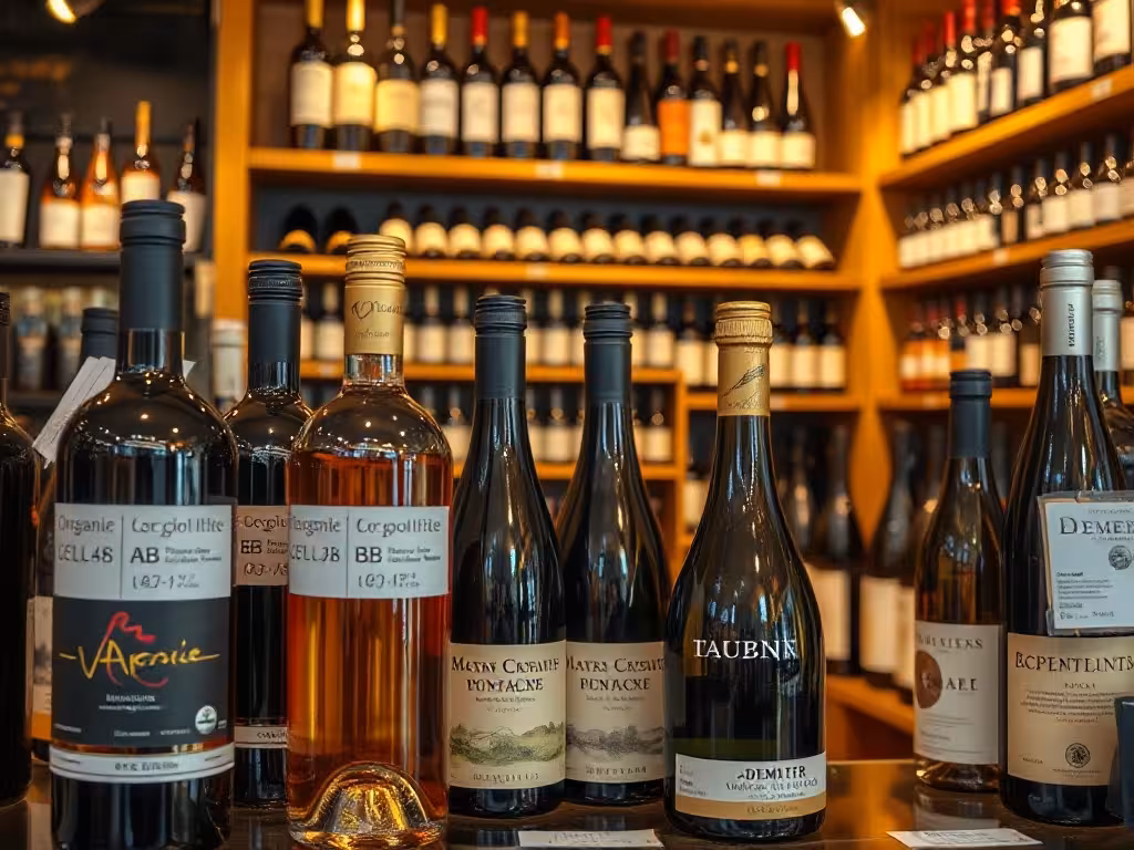 Intérieur caviste spécialisée : sélection bio et biodynamique, étiquettes certifications visibles.