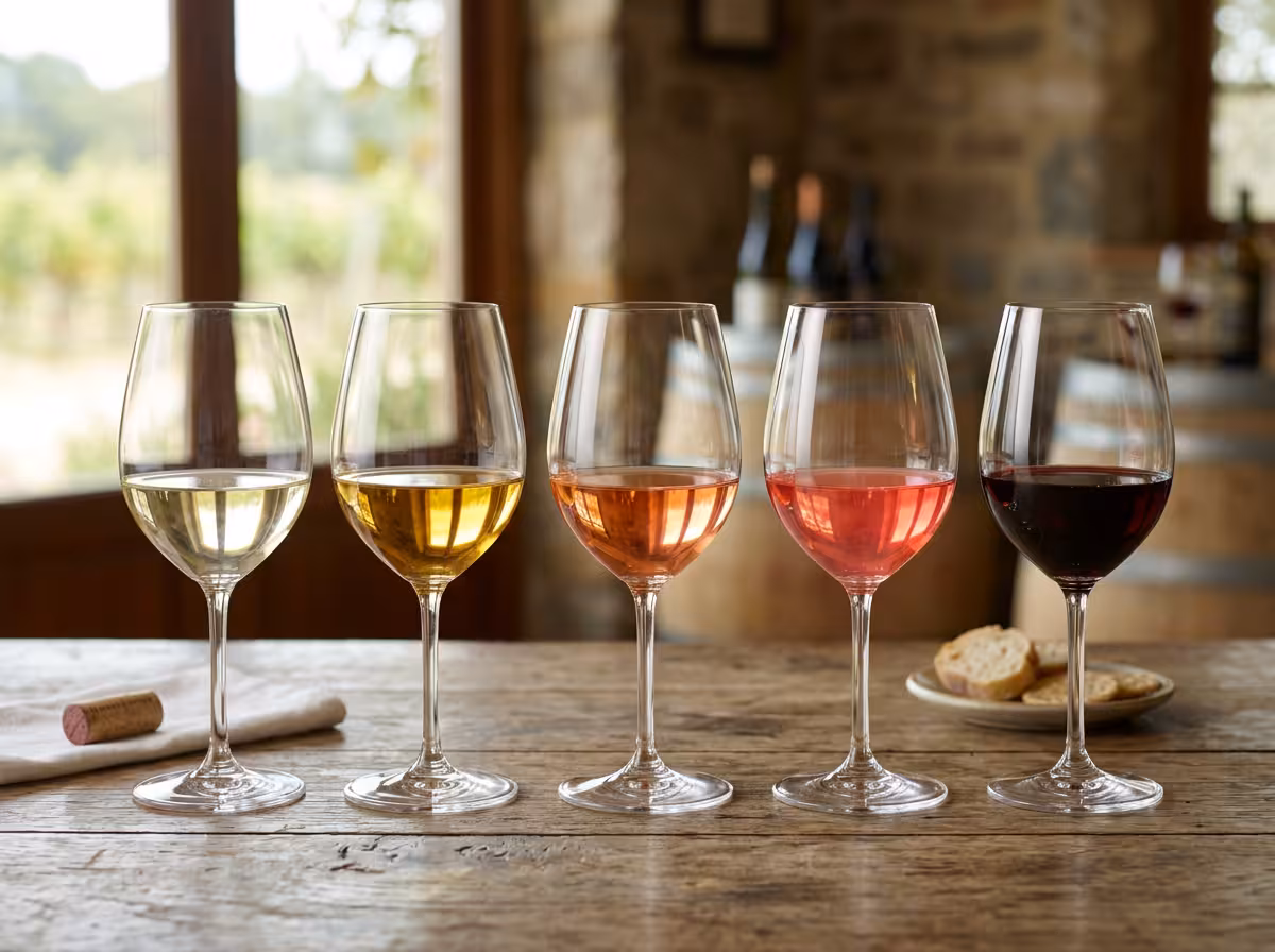 Verres de vin de couleurs variées représentant la palette des régions françaises à explorer.