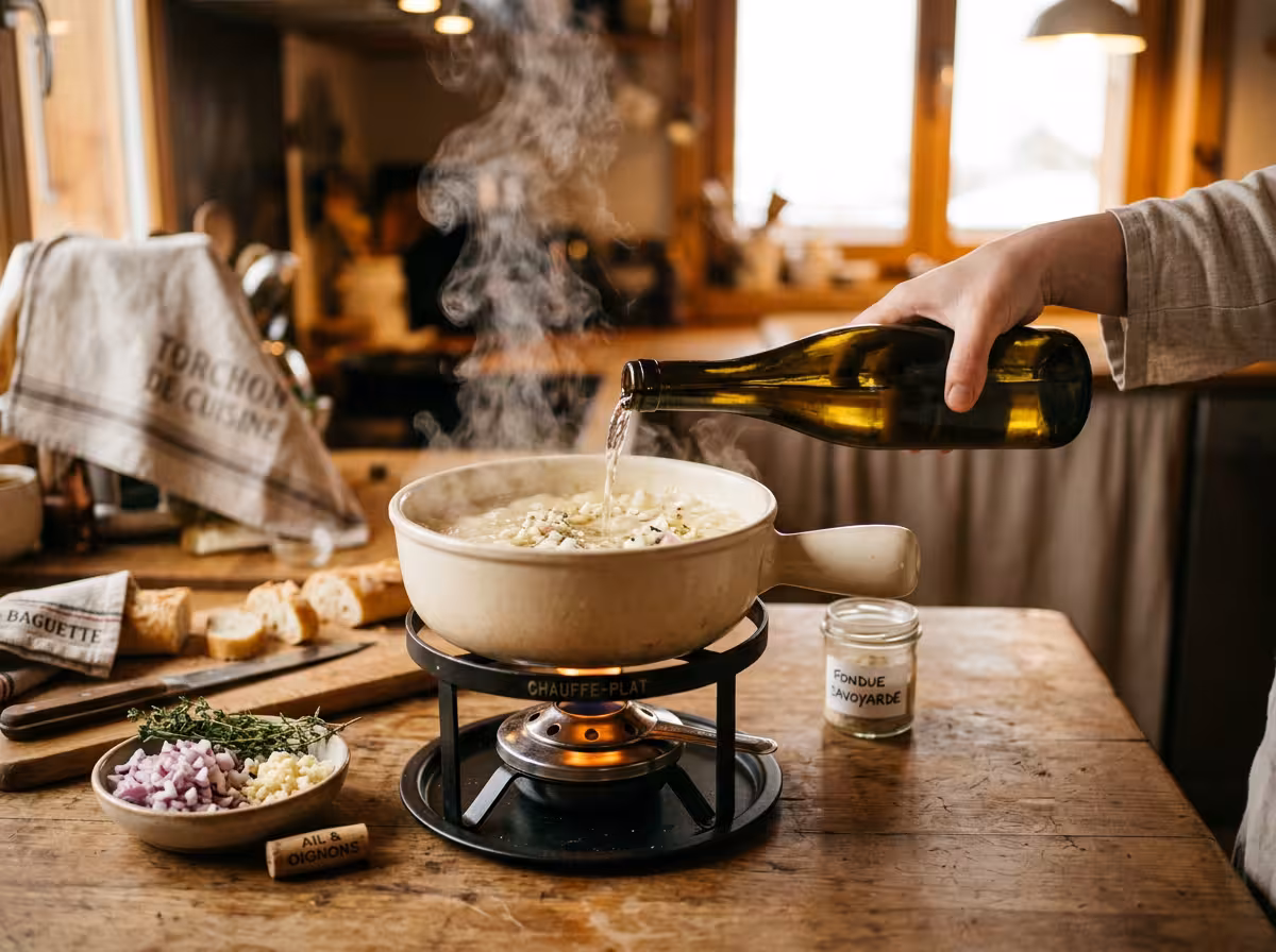 Versage du vin blanc de cuisson dans le pot à fondue vigneronne, recette pas à pas