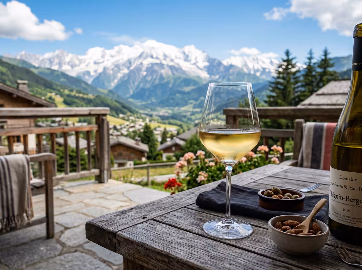Verre de vin blanc savoyards frais sur terrasse alpine, montagnes en arrière-plan.