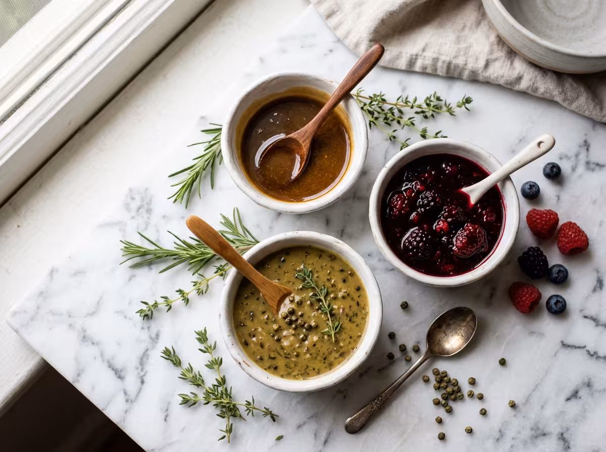 Trois sauces pour magret en ramekins : miel-balsamique dorée, fruits rouges, poivre vert-échalotes