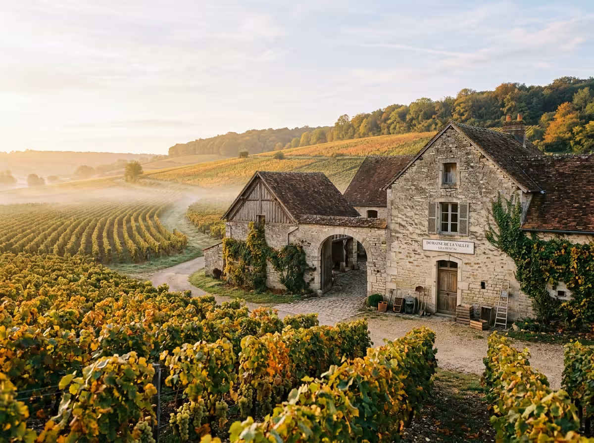 Petit domaine familial en Champagne, vignes d'automne dorées, bâtiments historiques en pierre, terroir authenticique.