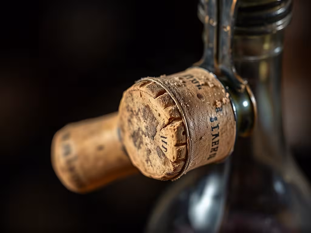 Vieille bouteille poussiéreuse avec un tire-bouchon bilame prêt à extraire le bouchon ancien