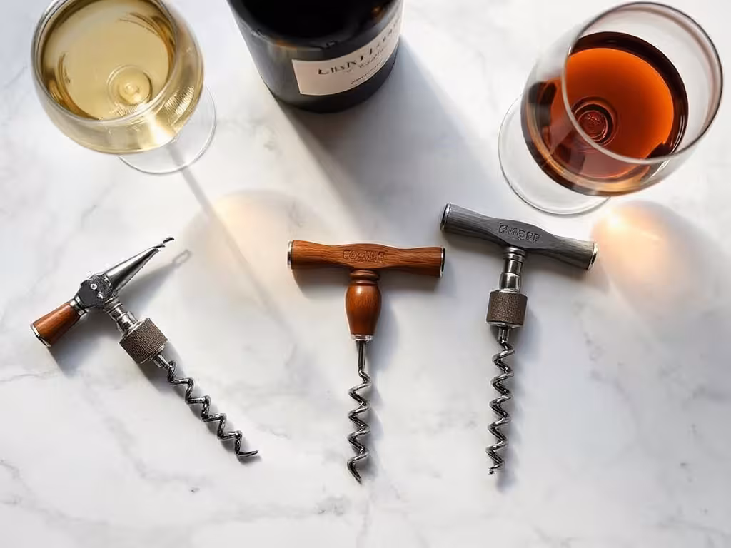 Tire-bouchons haut de gamme en bois et métal posés élégamment avec une bouteille de vin et un verre versé