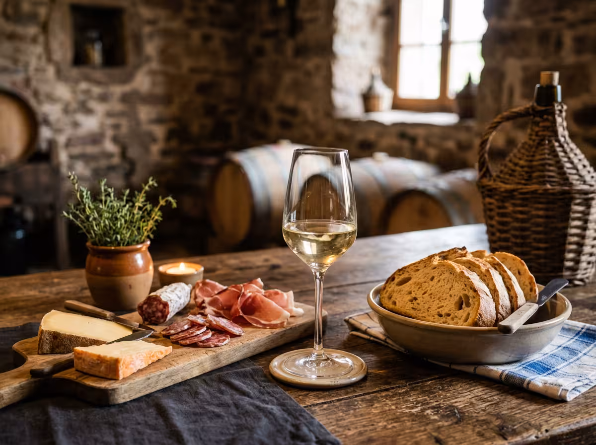 Table d'accords mets-vins : verre de vin blanc alsacien avec fromage et charcuterie locale, ambiance conviviale