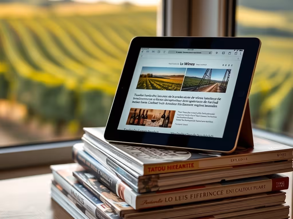 Tablette affichant du contenu viticole français posée sur des livres de référence, avec vignoble en arrière-plan.