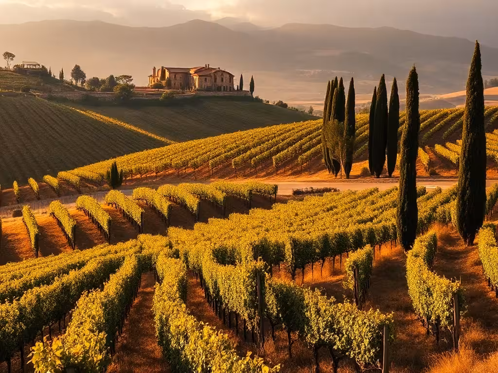 Paysage toscan emblématique : vignobles de Chianti avec cyprès et collines ondulantes méditerranéennes