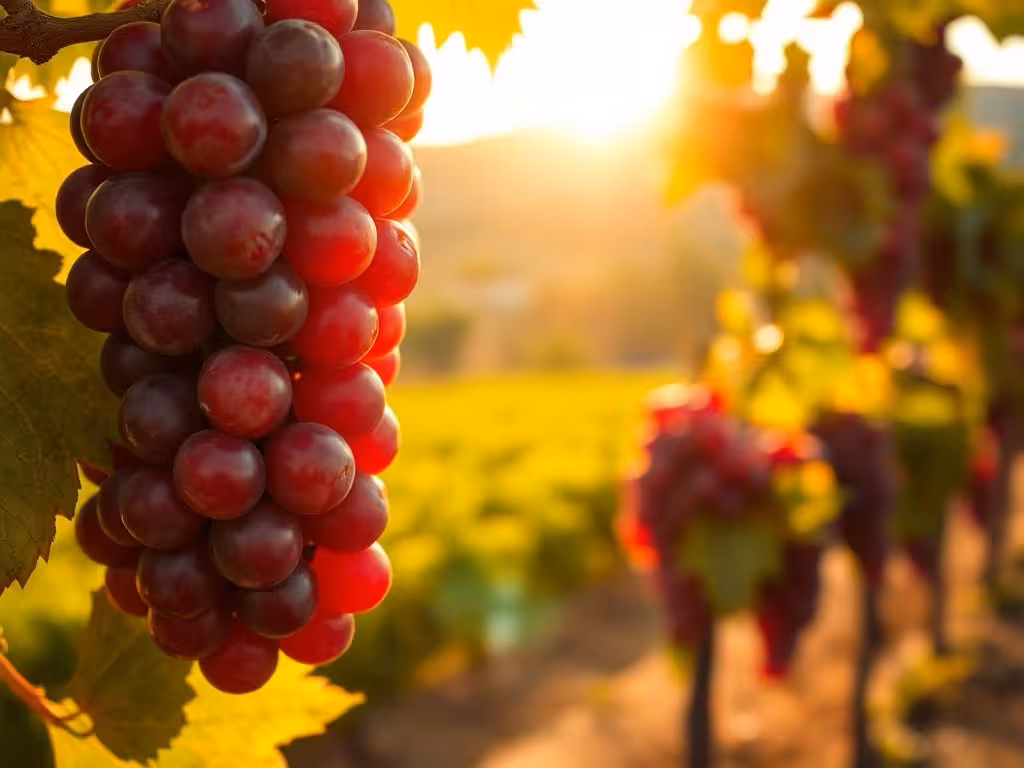 Raisins rouges marocains (Syrah, Grenache) à maturité sur la vigne sous un soleil intense