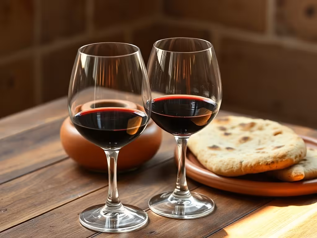 Verres de vin rouge marocain servis avec pain et mets traditionnels, ambiance conviviale