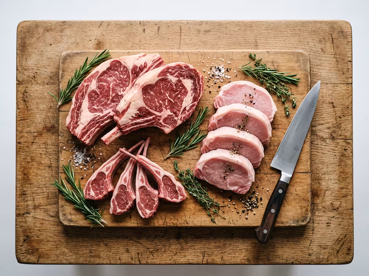 Sélection de découpes de viande brute pour pierrade : côtes, côtelettes et médaillons sur plateau bois avec herbes fraîches.