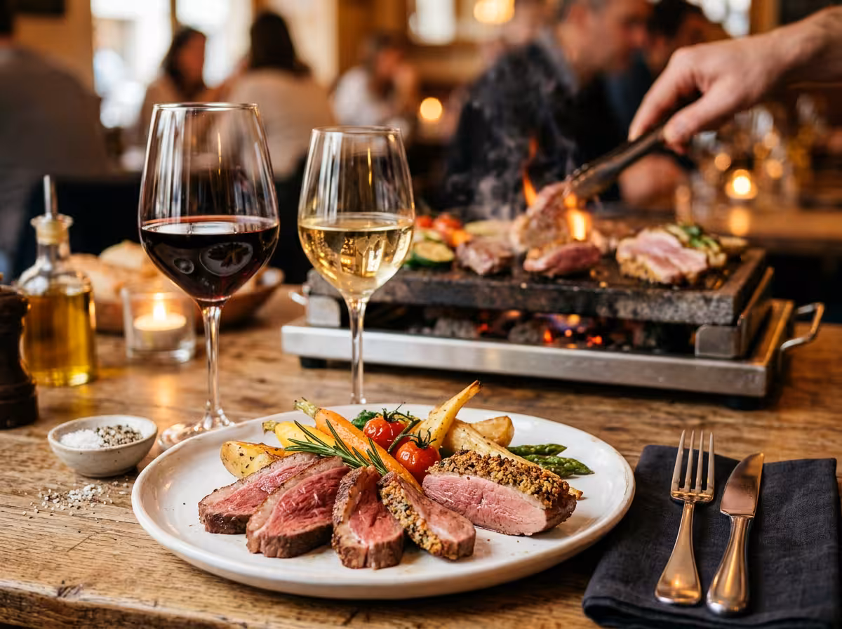 Verres de vin rouge et blanc accompagnant une pierrade servie avec viande cuite et légumes rôtis.