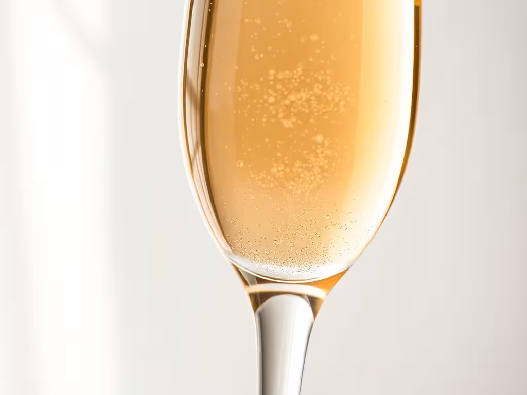 Gros plan sur un verre flûte à champagne rempli avec bulles remontant vers le haut.
