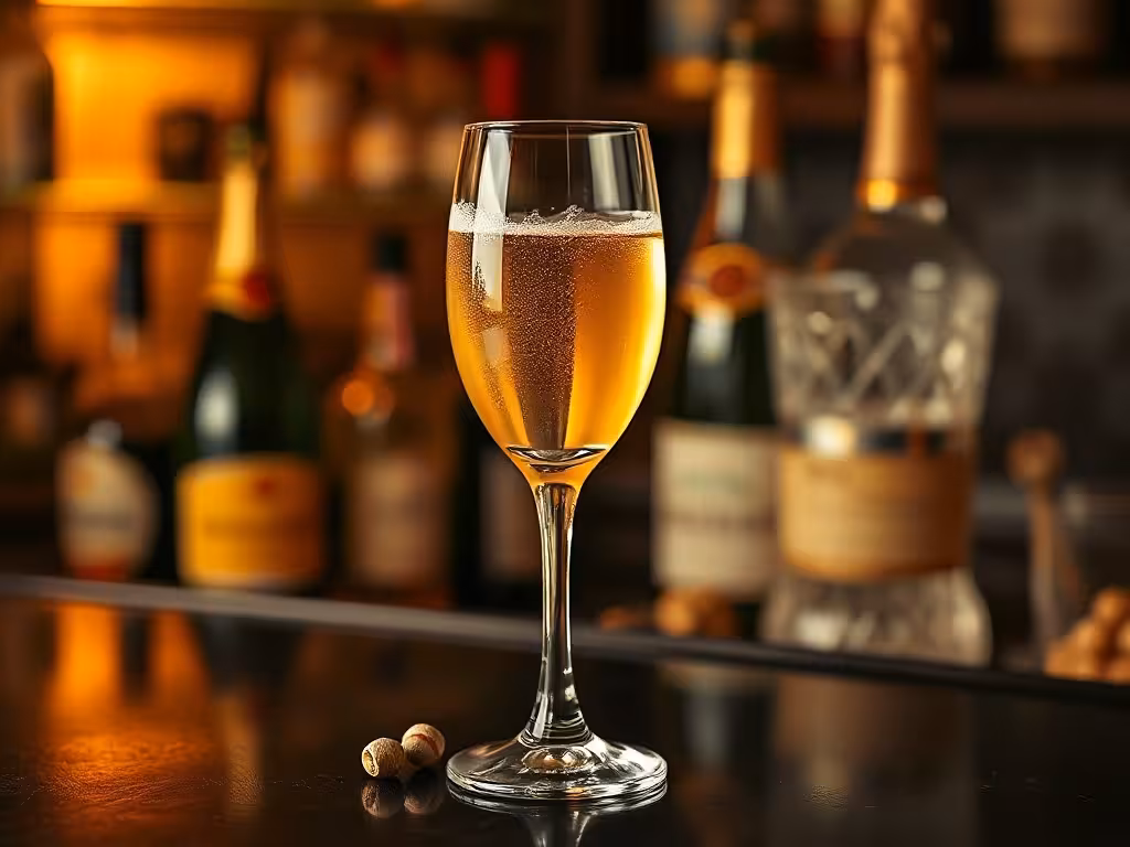 Coupe à champagne rétro remplie de champagne dans une ambiance bar vintage douce.