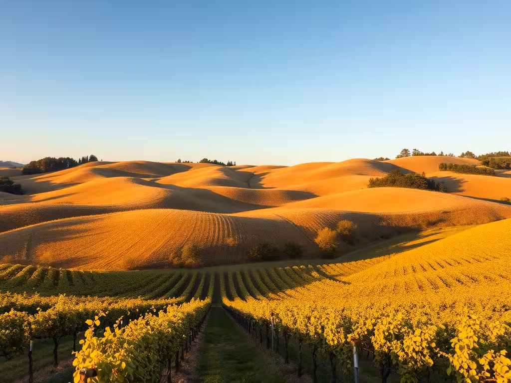 Paysage du vignoble de Sauternes en automne, terroir doré et ondulant