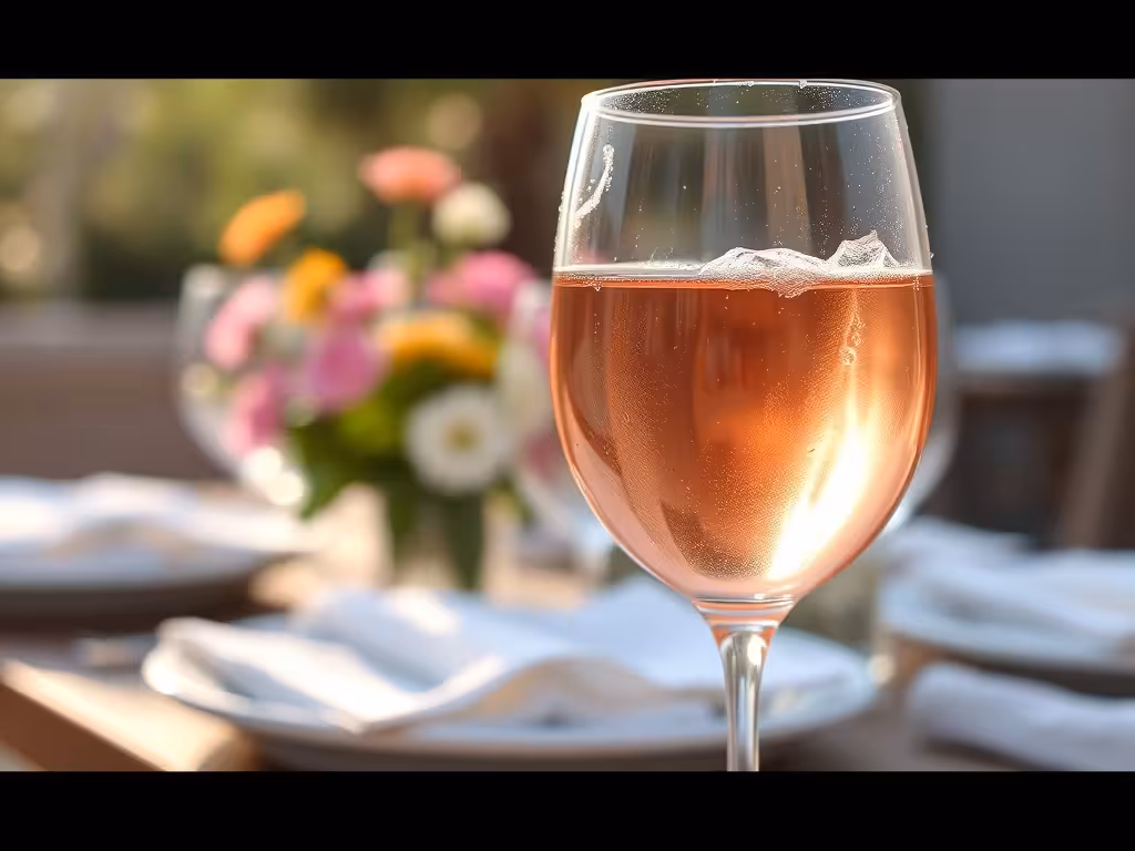 Un verre de rosé frais glacé, servi en plein air pour accompagner la paella.
