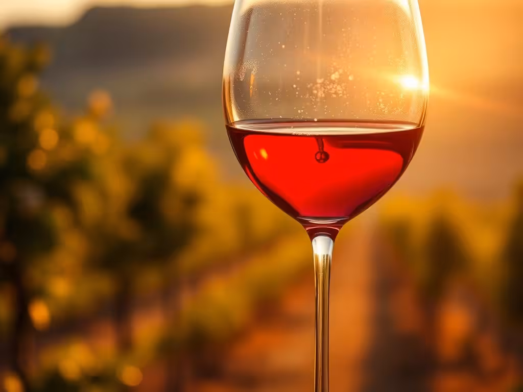 Un verre de vin rouge léger français, couleur rubis clair, pour les accords paella.