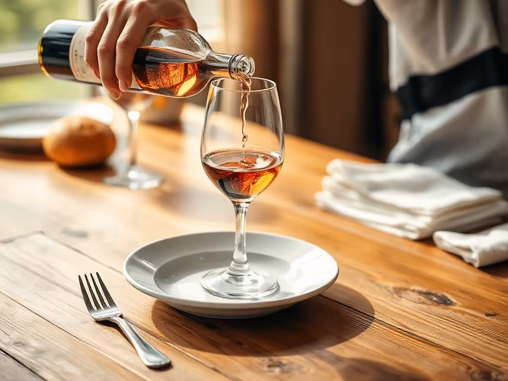 Détail du service : versement de vin rouge léger dans un verre au-dessus d'une table dressée pour le repas.