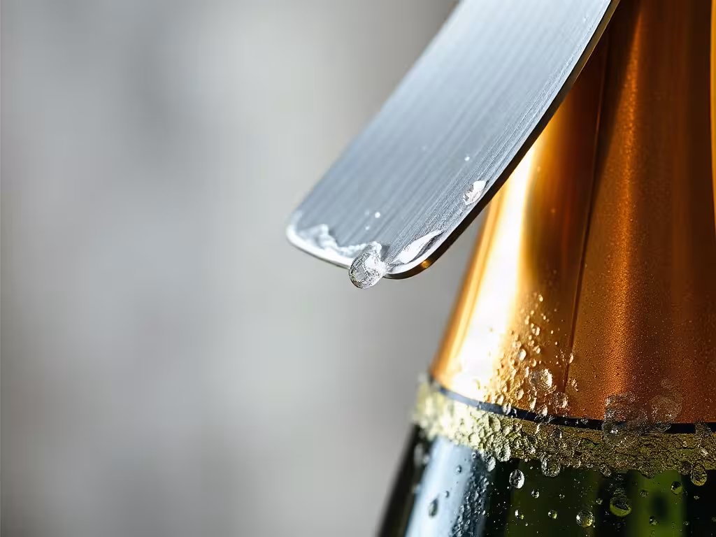 Sabre champagne positionné contre goulot frais, cristaux de glace visibles, angle technique