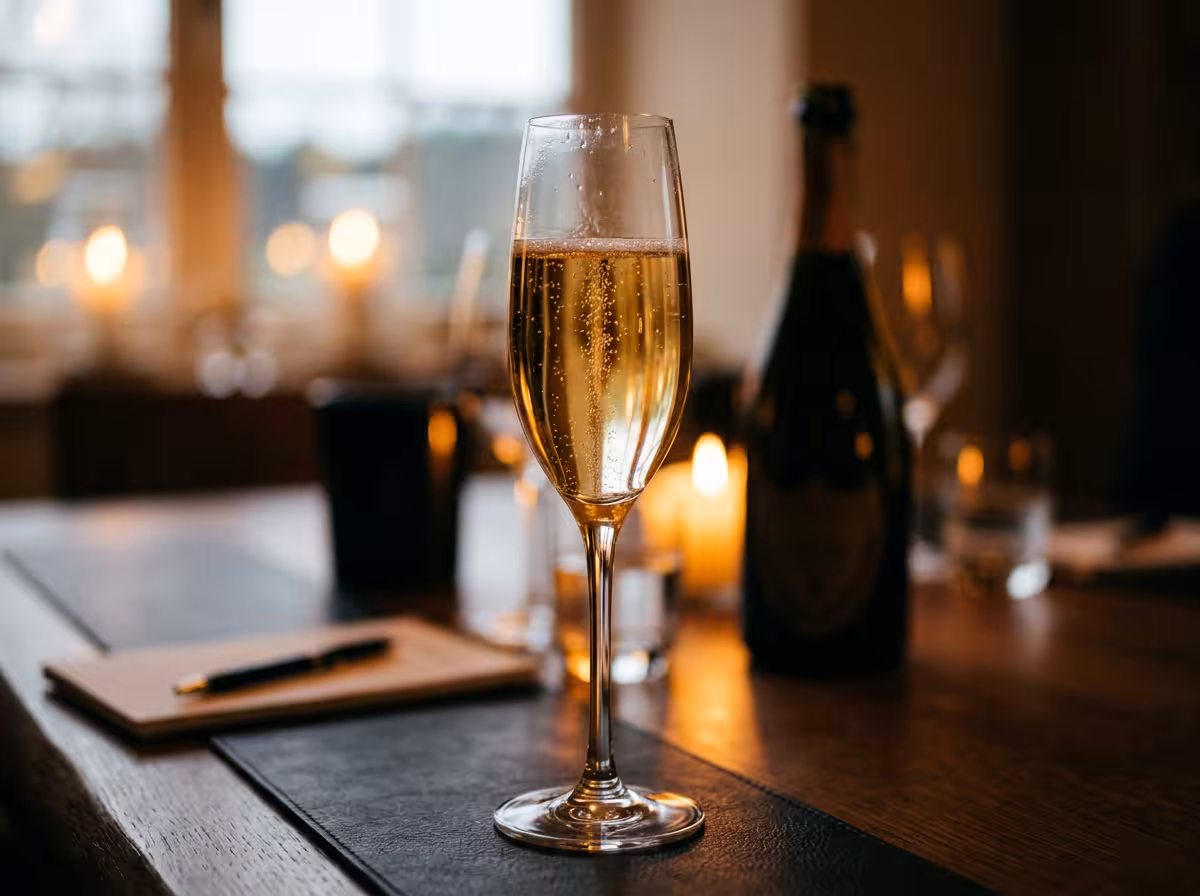 Verre de champagne rempli avec des bulles fines et une bouteille en arrière-plan floutée, illustrant l'aspect gustatif.