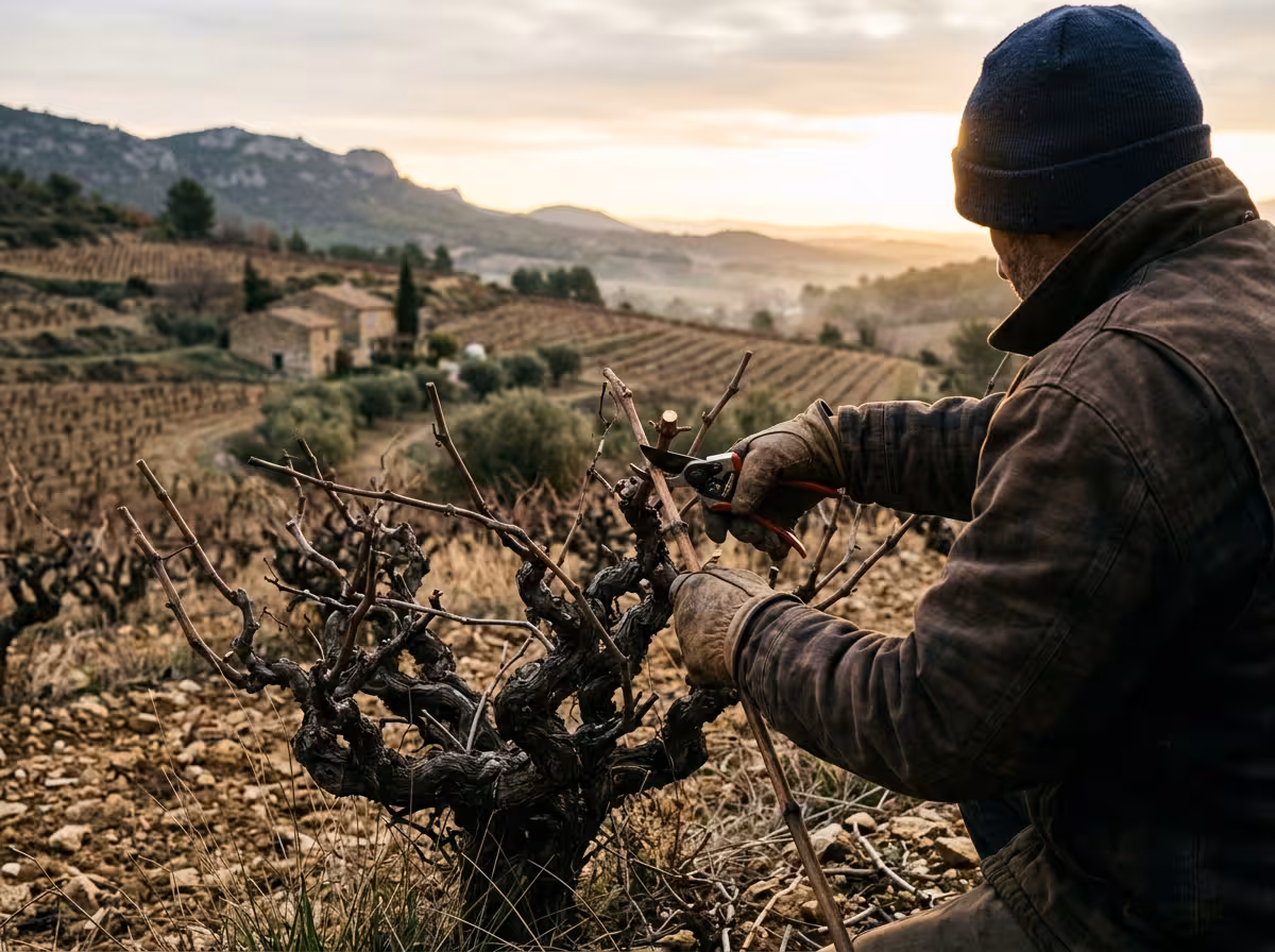 Taille d'une vigne en gobelet, méthode méditerranéenne sans palissage, vue depuis les rangs du vignoble en hiver.