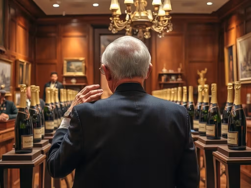 Scène de vente aux enchères de champagnes rares avec collectionneurs examinant les lots