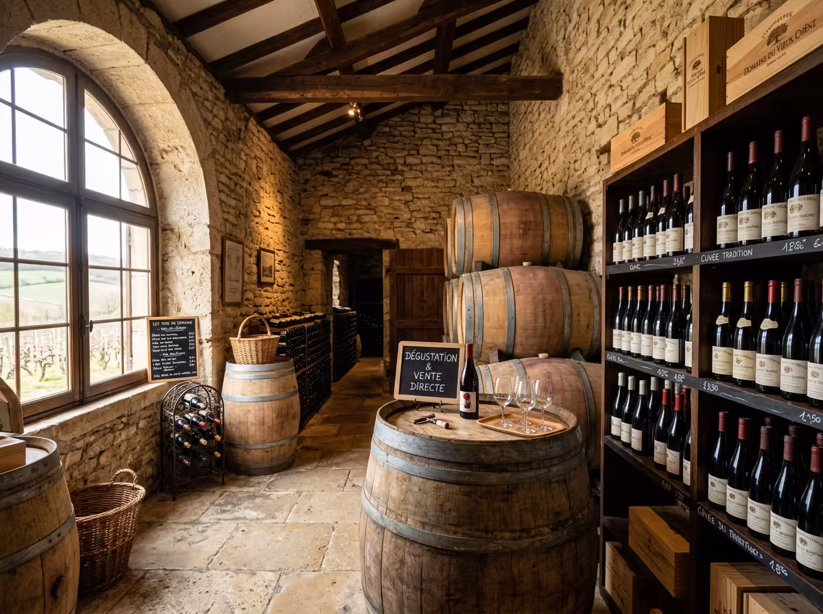 Caveau rustique de domaine avec tonneaux, pierres apparentes et bouteilles, lieu typique de vente directe