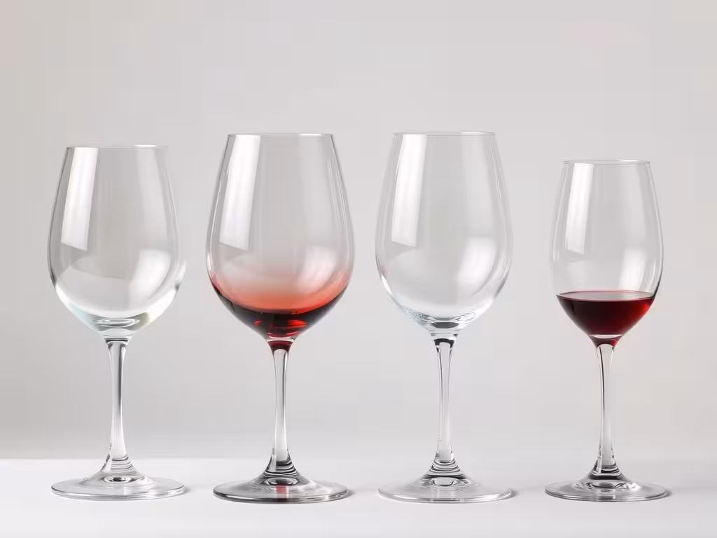 Quatre verres de vin vides de formes distinctes : verre blanc, verre rouge, flûte à champagne et verre à liquoreux