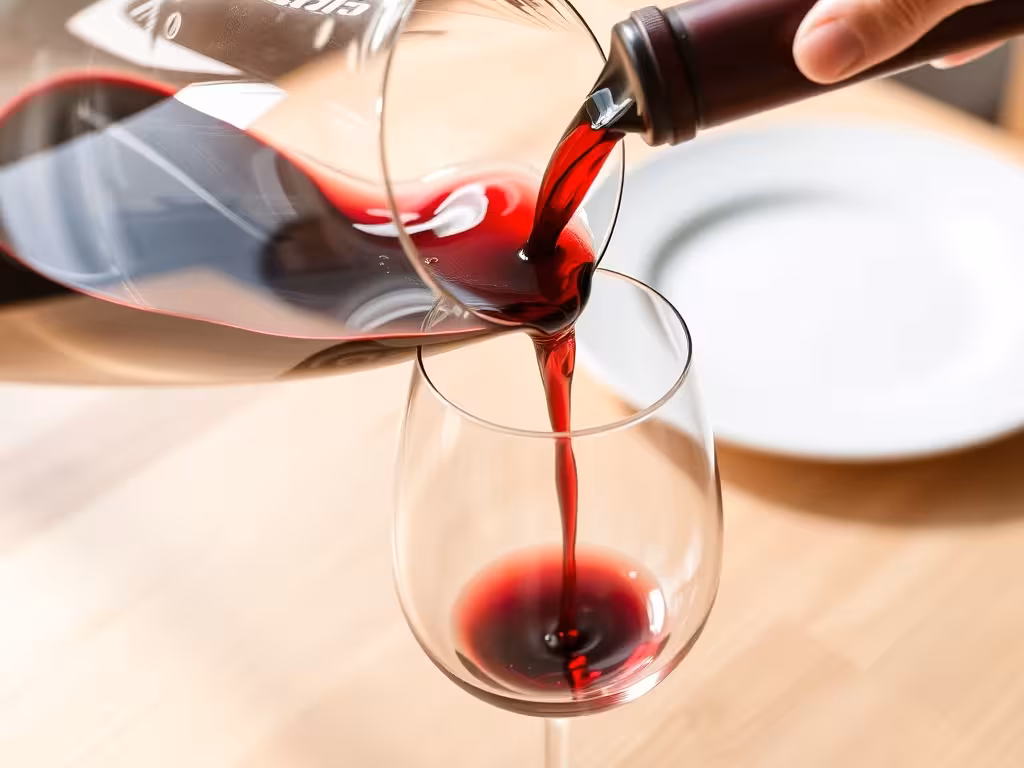 Décantation soignée d'un vin rouge rubis dans un verre, geste essentiel pour préparer le bœuf bourguignon à table